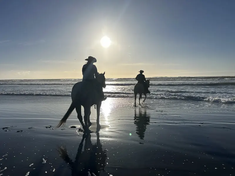 Two riders on horseback at the water's edge, silhouetted against the sun